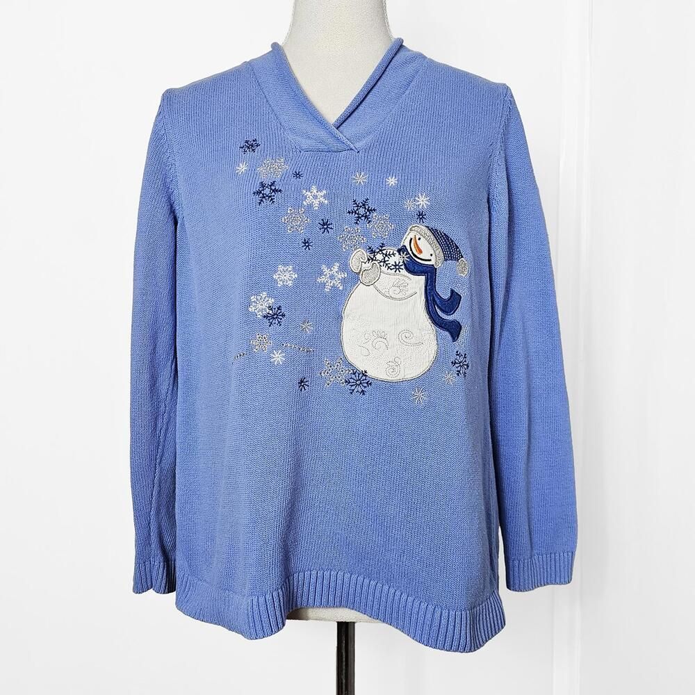 Large Christopher & Banks Blue Women's Sweater with Snowman and Snowflake Design